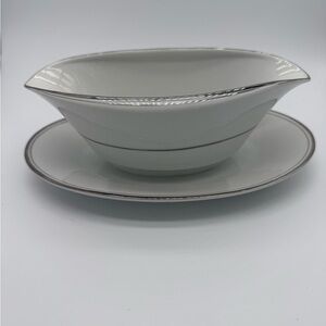 VTG MCM Imperial China Dalton 318 Sincerity Gravy Boat Plate White Silver Japan